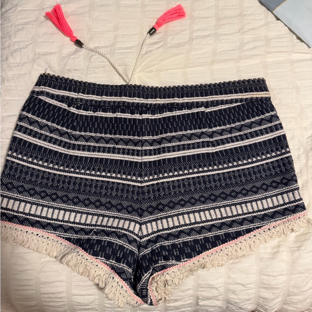 Mango Navy Striped Fringe Shorts with Pink Tassels - Picture 3 of 4
